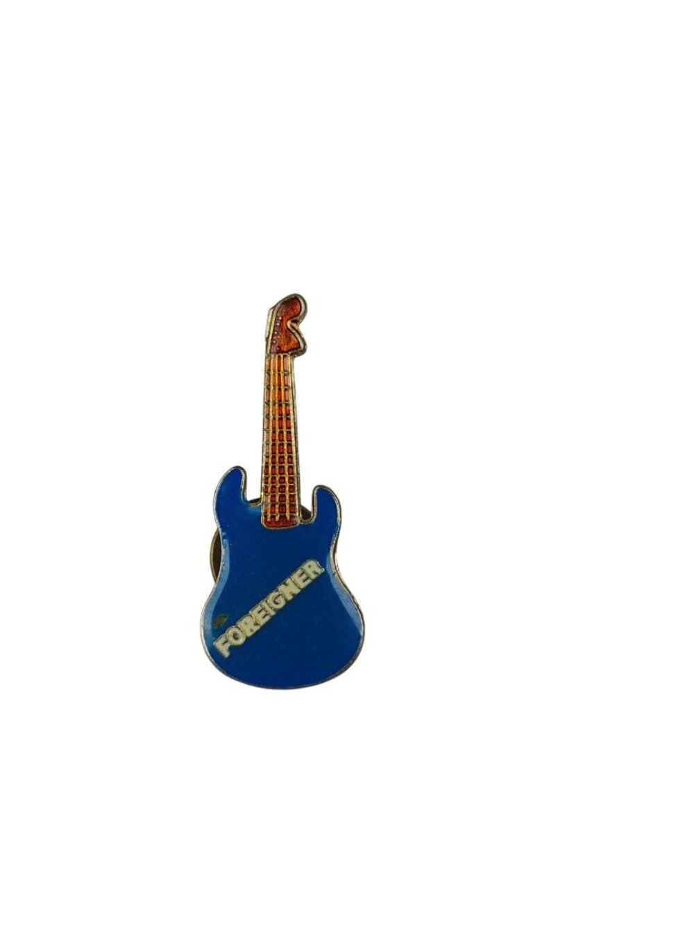 Vintage Foreigner Lapel Pin Guitar-Shaped Enamel Metal 1980s Blue & Gold